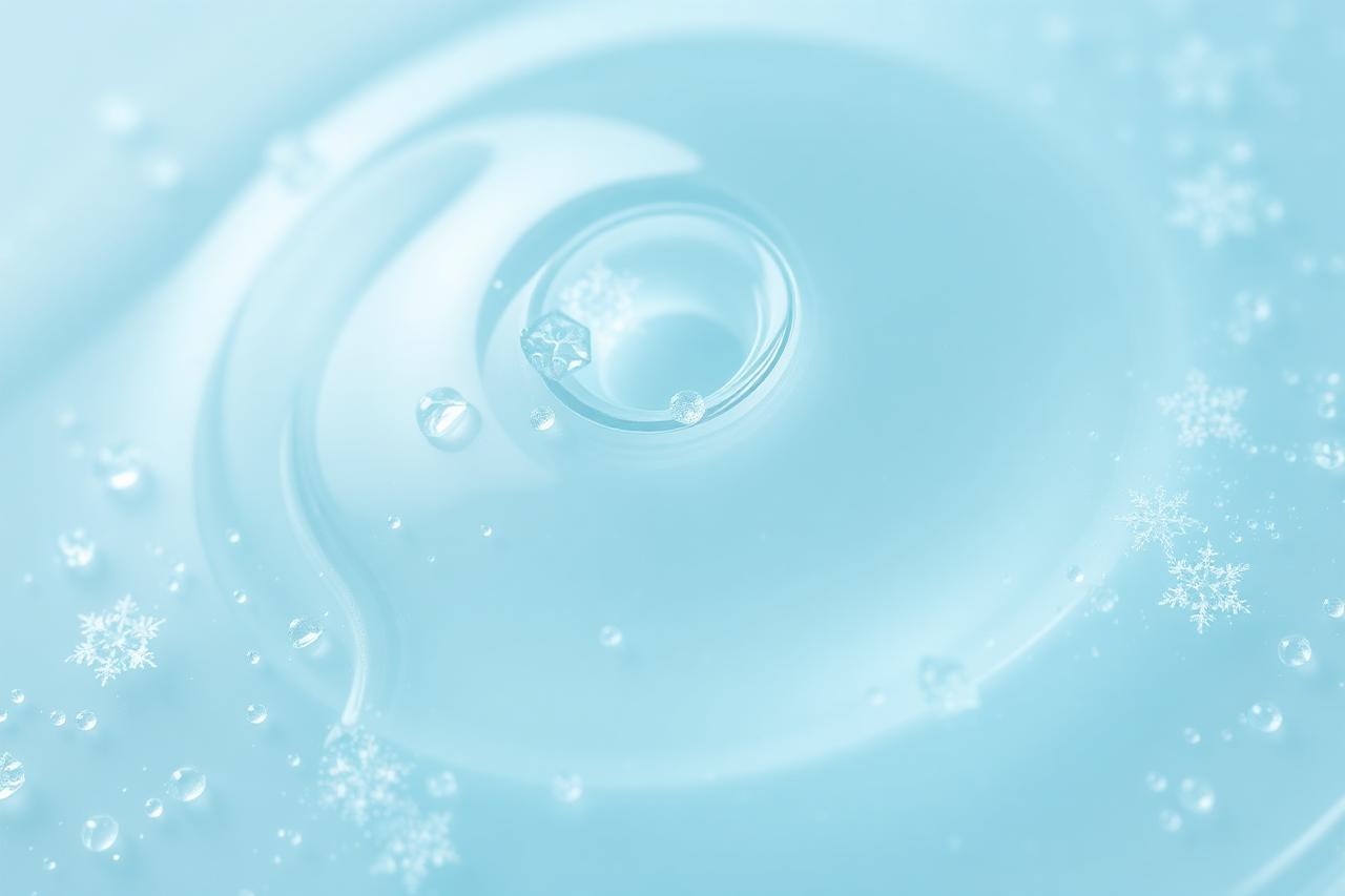 Close-up of the clear cooling gel texture with frost-like droplets