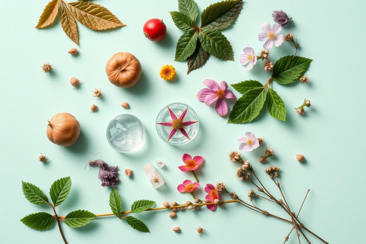 Botanical ingredients associated with leg-care gels arranged on a mint background