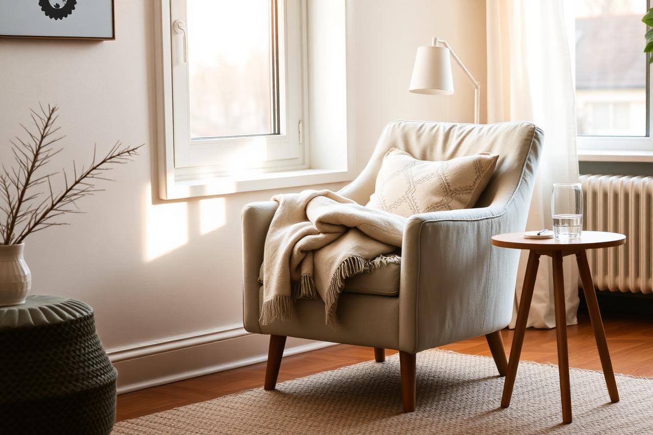 Quiet armchair by a window, the kind of evening rest routine paired with leg care